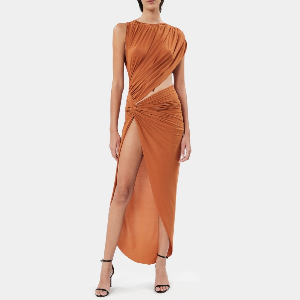 Caramel Asymmetrical Cutout High Slit Dress